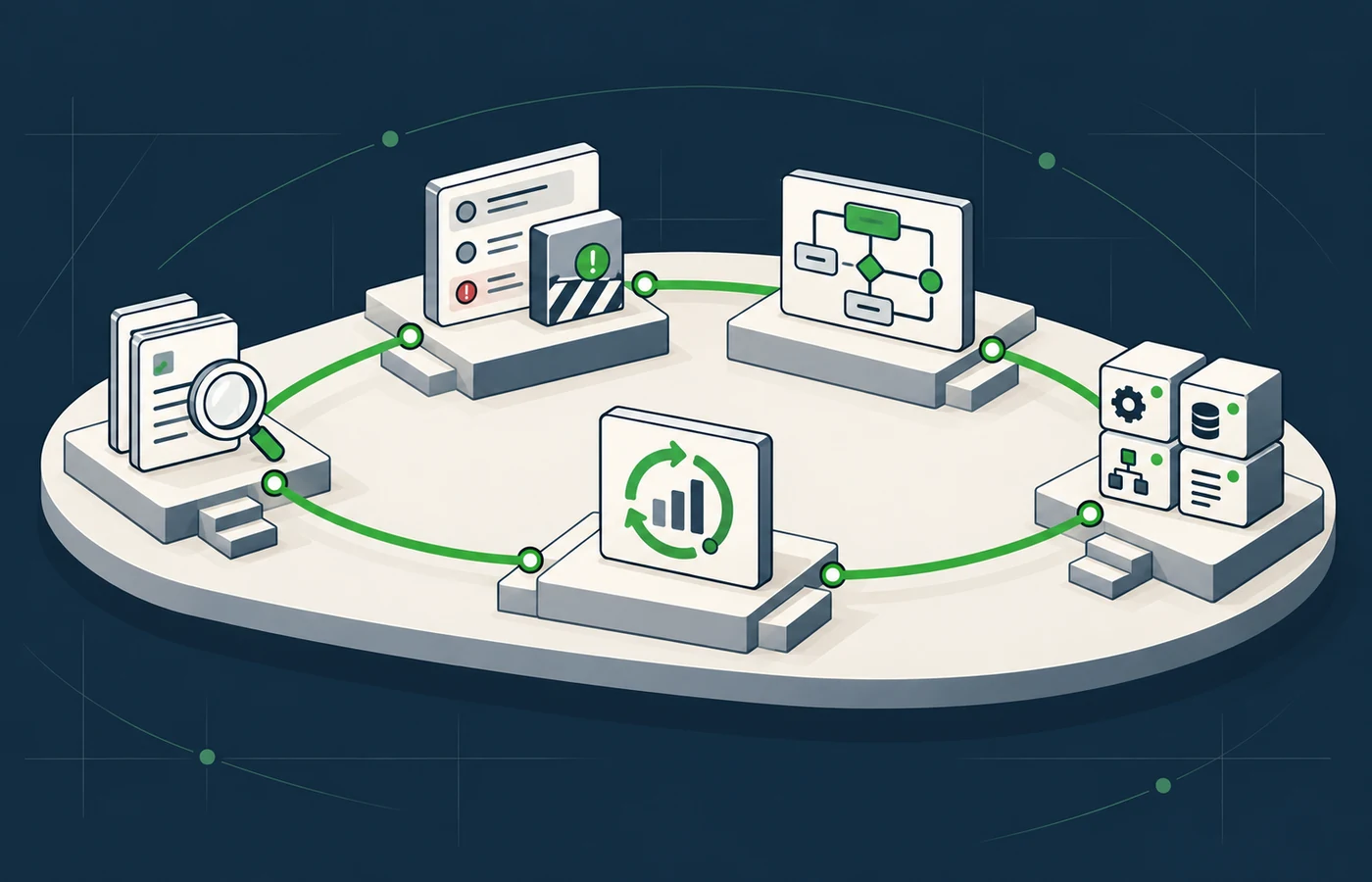 2.5D Tech Ops PH illustration showing an inspect, control, implement, and improve operating loop