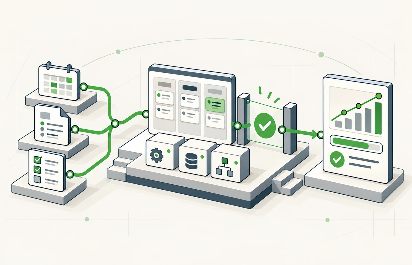 2.5D Tech Ops PH illustration showing schedules, documents, and tasks flowing into one operating system and a visible result
